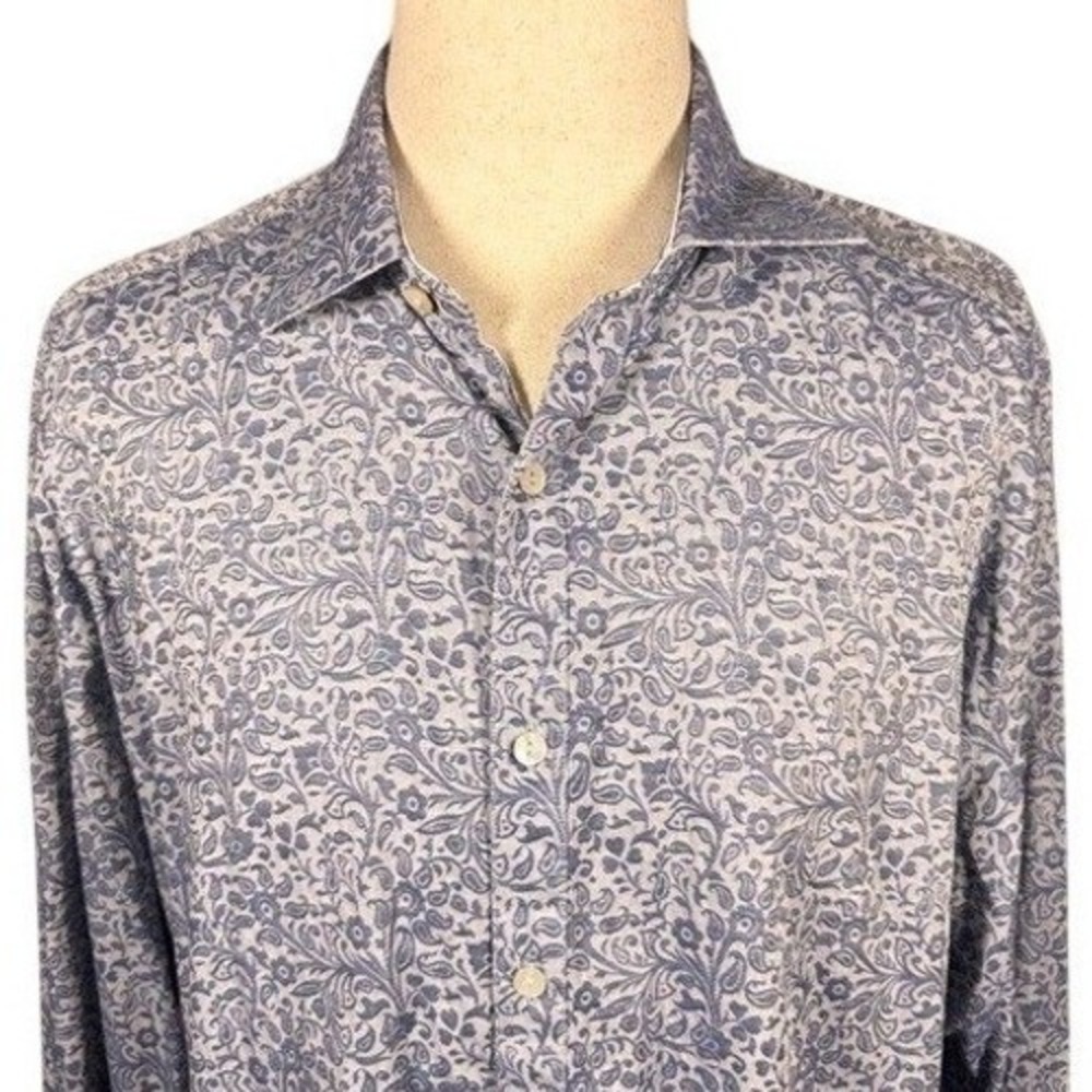 Robert Graham Mens 2XL Blue Floral Paisley‎ Cotton Silk Trim Button Down Shirt